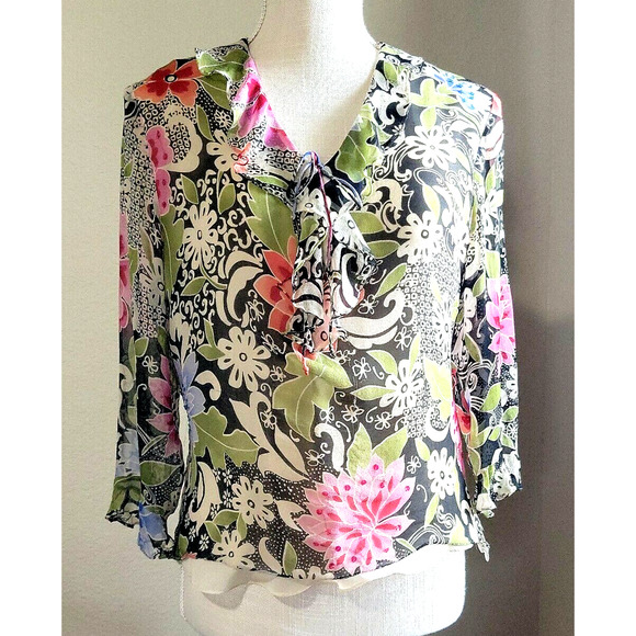 SILKLAND Floral Silk Shear Lined Top With Sequins and Beads Sz PL Petite - Picture 1 of 11